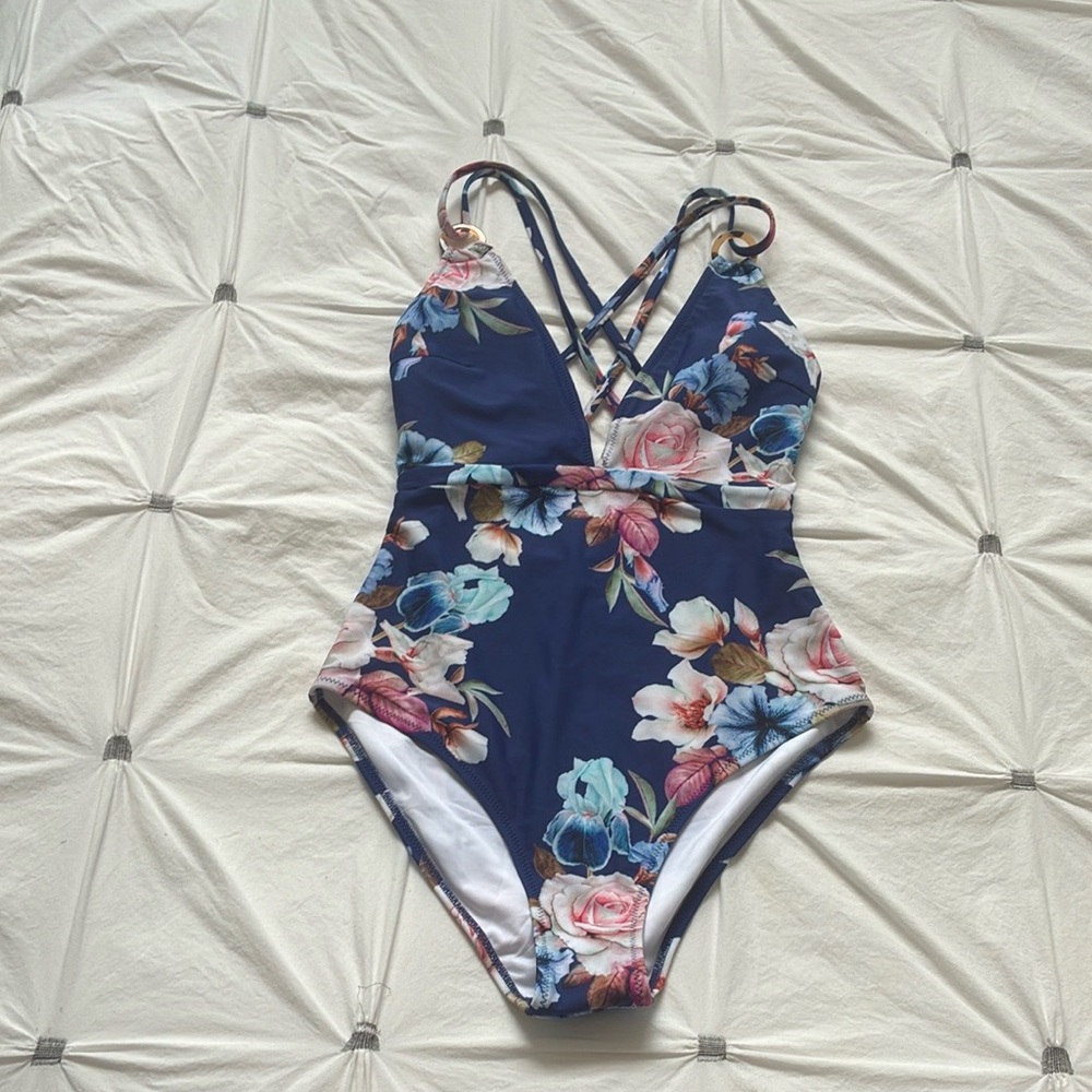 Cupshe Floral  One Piece - Navy and Pink